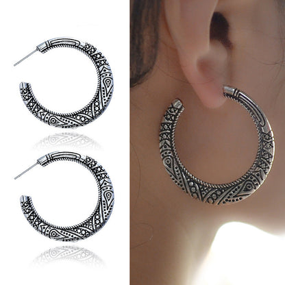 Vintage Engraving Street Shot Earrings Alloy C- Shaped Earrings