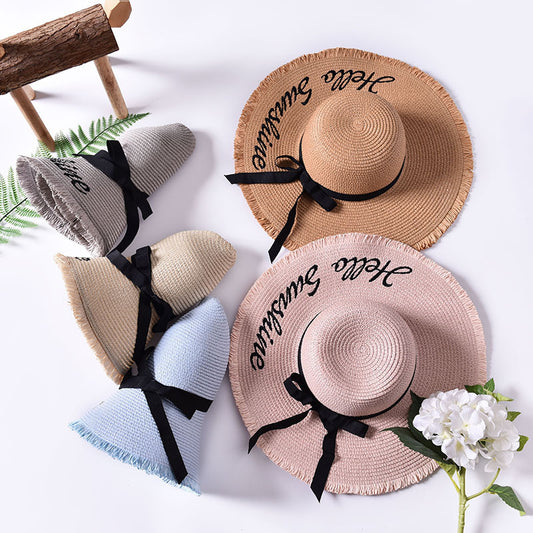 Beach beach big hat embroidered letters raw edge sun hat