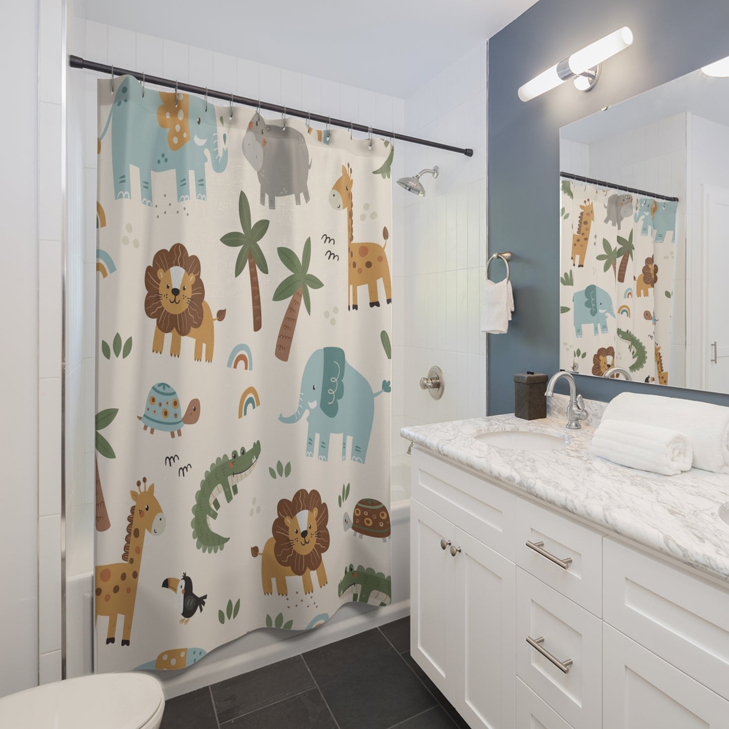 Cute Safari Animals Shower Curtain — Nursery Kids Jungle Elephant, Lion & Giraffe Bathroom Decor