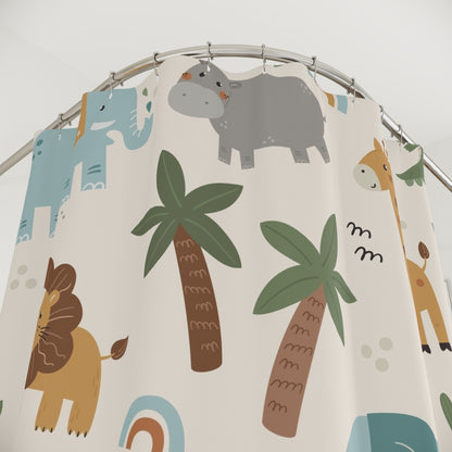 Cute Safari Animals Shower Curtain — Nursery Kids Jungle Elephant, Lion & Giraffe Bathroom Decor