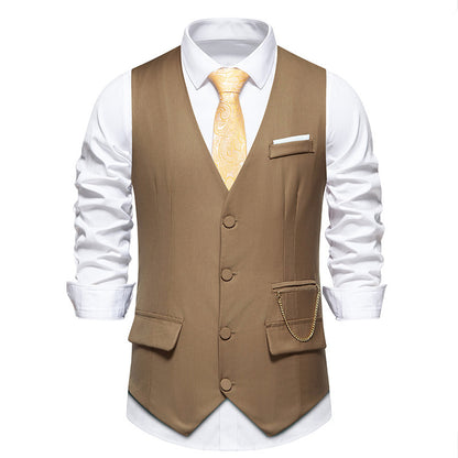 New Men's Solid Color Suit V-neck Single Breasted Chain Vest