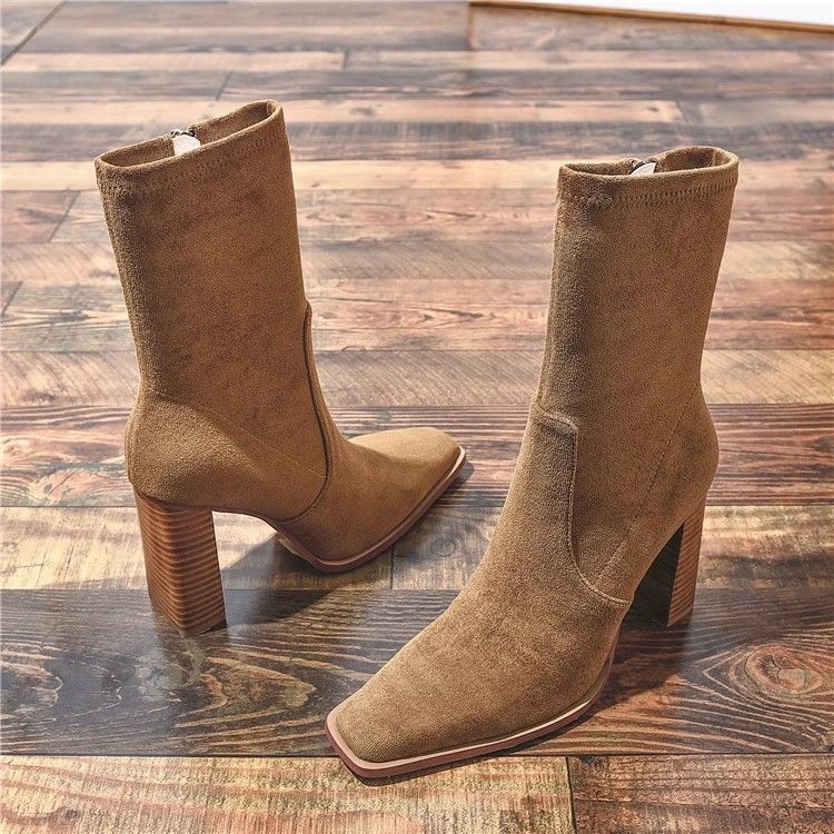 New Square Toe Fleece-lined New Chunky Heel French Boots