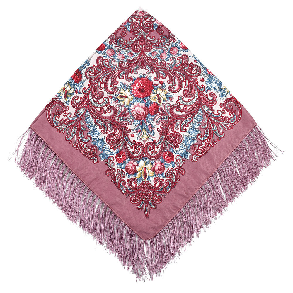 Women's Fringed Cotton And Linen Printed Square Scarf