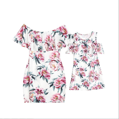 One-Shoulder Printed Ruffle Dress Parent-Child Wear