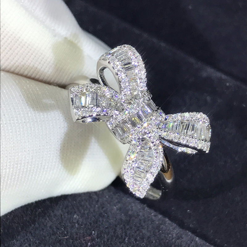 AliExpress new bow ladder diamond ring beautiful luxury simulation diamond ring temperament female wedding ring