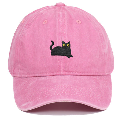 Black Cat Embroidered Washed Baseball Cap Sun Hat