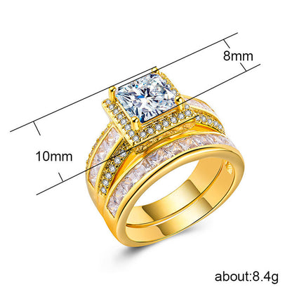 Wedding Engagement Ring Gold Plated Silver Zircon Square Diamond Couple Ring