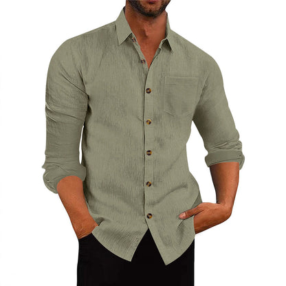 Men's Polo Collar Solid Color Long Sleeve Shirt Linen Loose Casual Cardigan