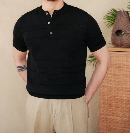 Knitted Henley Shirt American Retro Slim-fit Short Sleeve