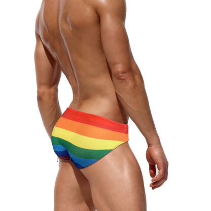 Rainbow Striped Swimming Trunks Men's Fashion Sexy Stretch Briefs