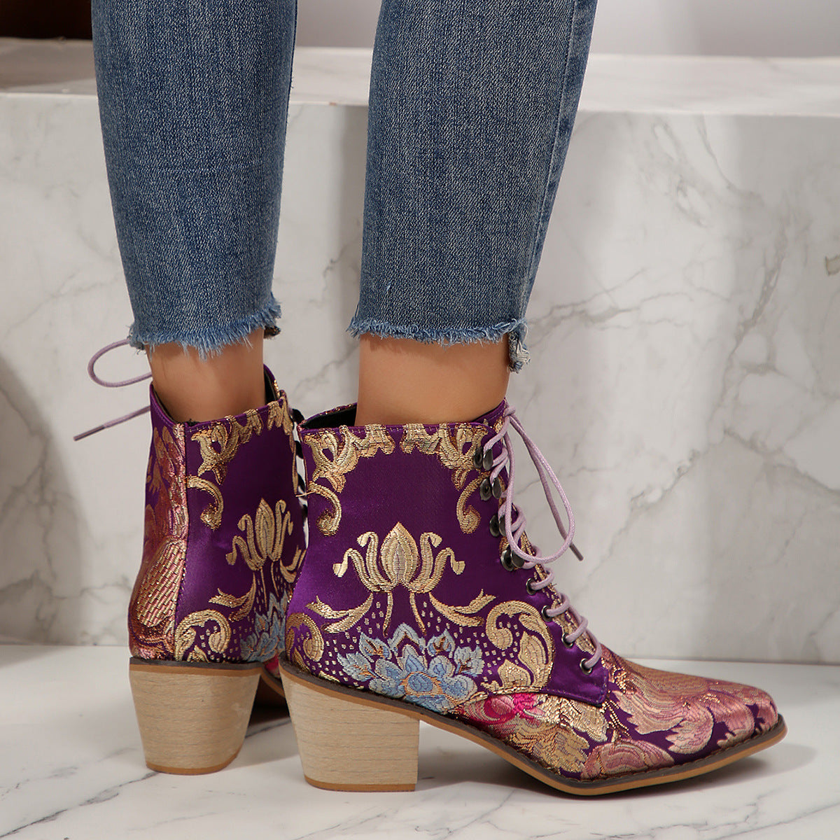 Large Size Ethnic Style Embroidered High Heel Lace-up Ankle Boots