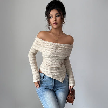 Women's Light Apricot-colored Long-sleeved Off-shoulder T-shirt