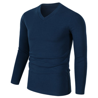 Winter Long Sleeve Slim Fit Solid Color And V-neck T-shirt