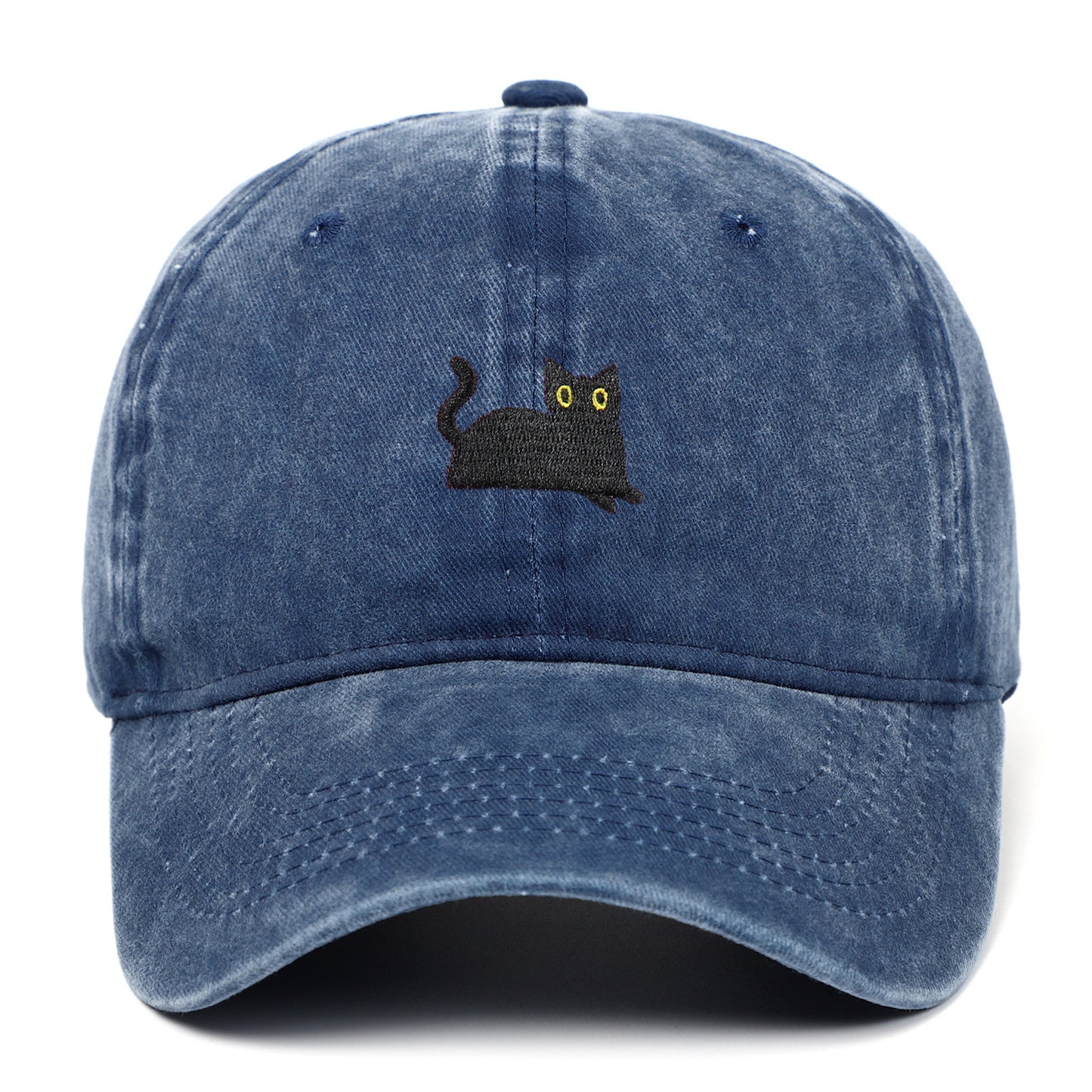 Black Cat Embroidered Washed Baseball Cap Sun Hat
