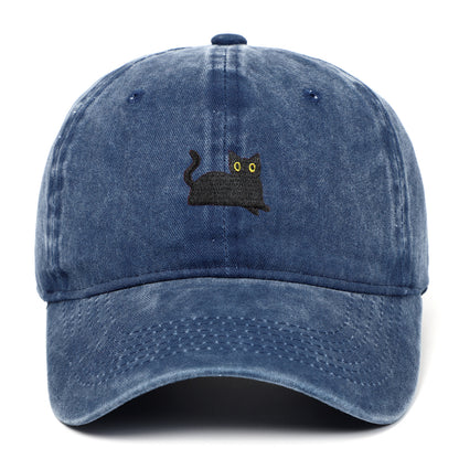 Black Cat Embroidered Washed Baseball Cap Sun Hat