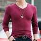 Winter Long Sleeve Slim Fit Solid Color And V-neck T-shirt
