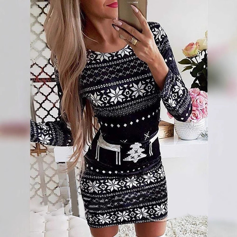 Women's New Christmas Printed Round Neck Long Sleeve Narrow Dress