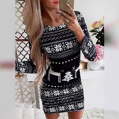 Women's New Christmas Printed Round Neck Long Sleeve Narrow Dress