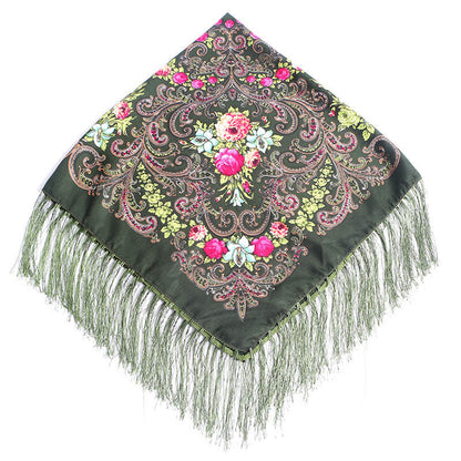 Women's Fringed Cotton And Linen Printed Square Scarf