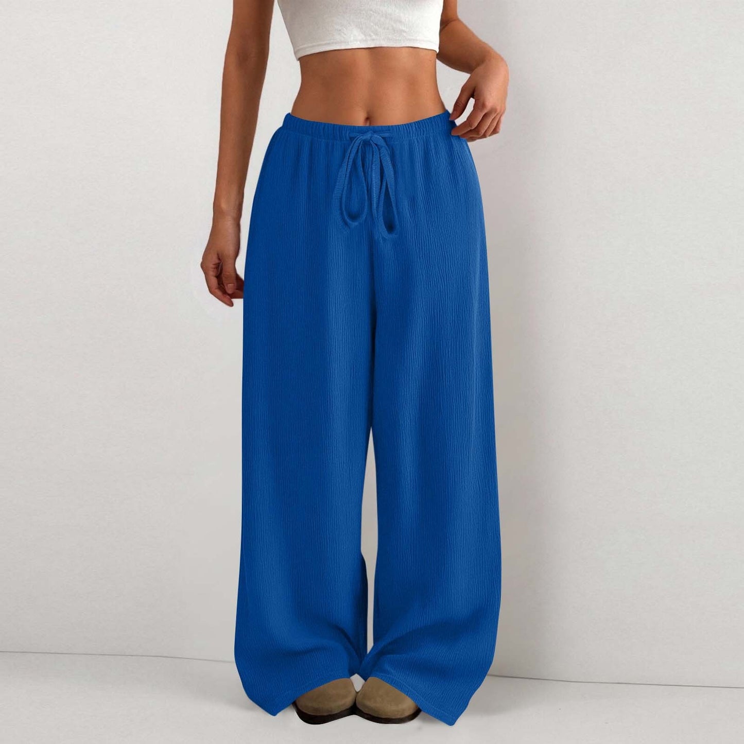 Women's Solid Color Loose Wrinkle Waist Drawstring Wide Leg Casual Trousers