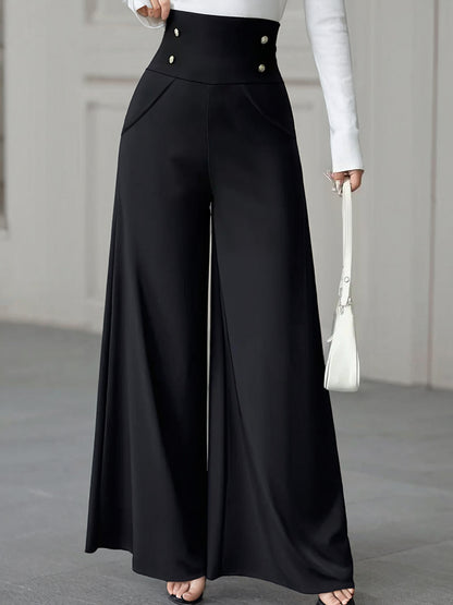 Women's Minimalist Elegant High Waist Tummy Control Black Wide Leg Pants With Pockets Suitable For Work Office Wear