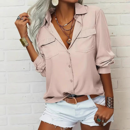 Women's Elegant Solid Chiffon Blouse Spring Summer Casual Long Sleeve V Neck Loose Shirt Office Lady Tunics Tops