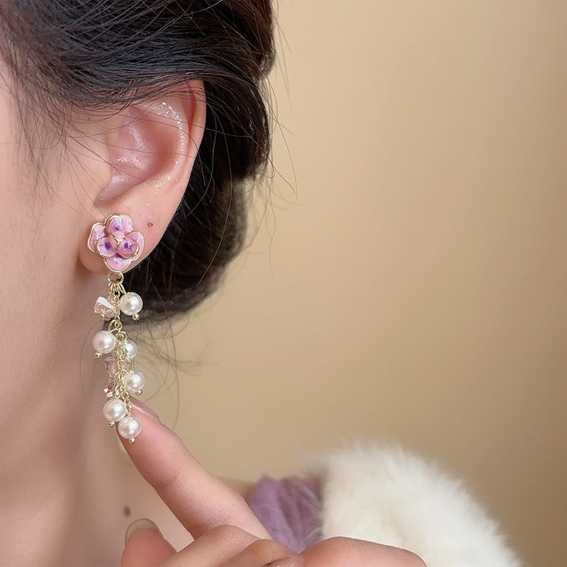 Romantic Gentle French Pearl Tassel Flowers Earrings