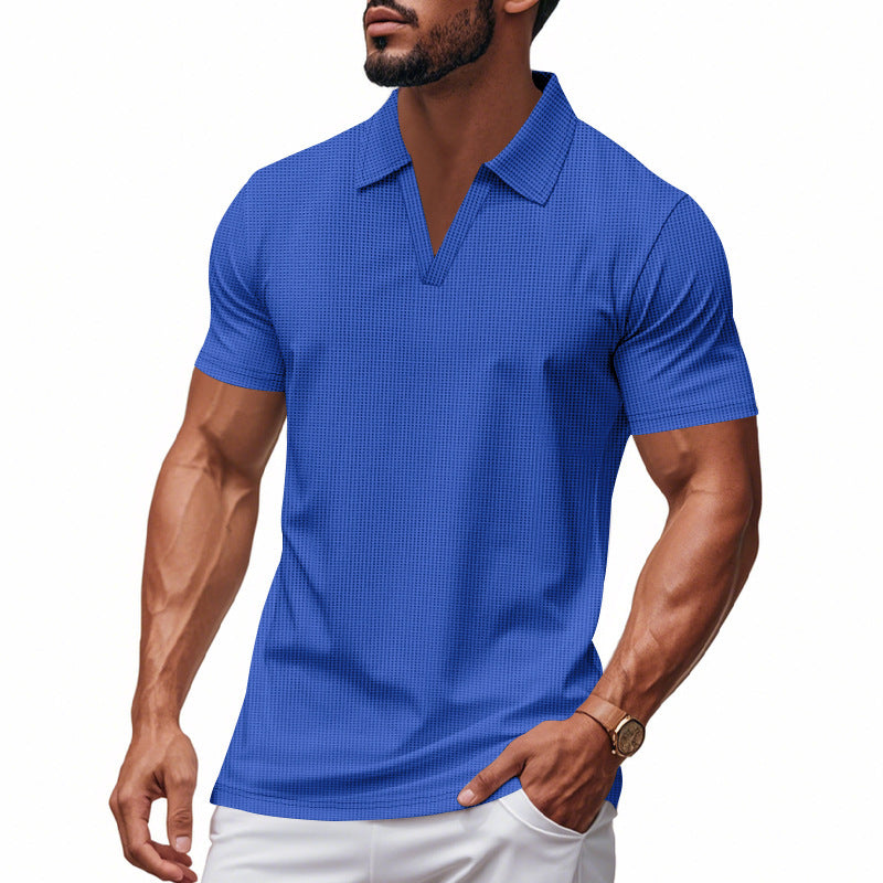 Summer Men's Loose Leisure Sports V-neck Waffle Short Sleeve Lapel Polo Shirt Men