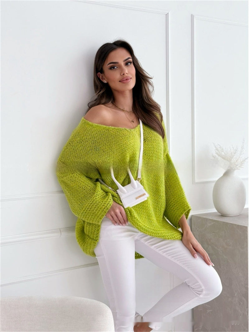 Loose And Idle Pullover Sweater V-neck Excellent Long Sleeve Top