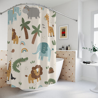 Cute Safari Animals Shower Curtain — Nursery Kids Jungle Elephant, Lion & Giraffe Bathroom Decor