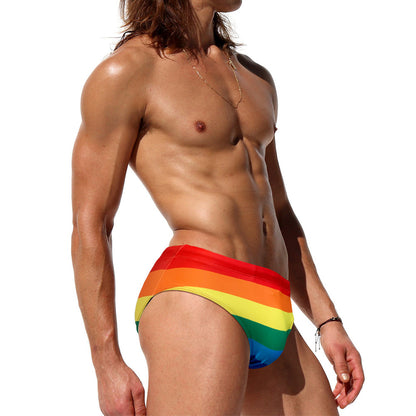 Rainbow Striped Swimming Trunks Men's Fashion Sexy Stretch Briefs