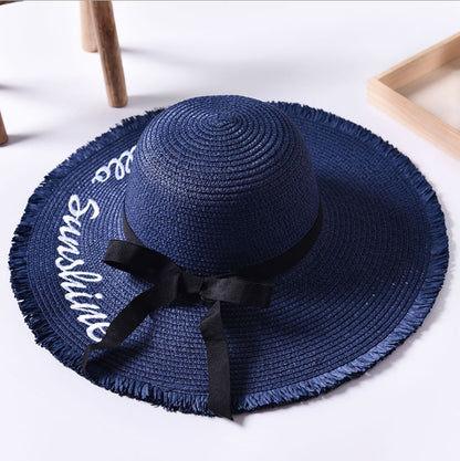 Beach beach big hat embroidered letters raw edge sun hat