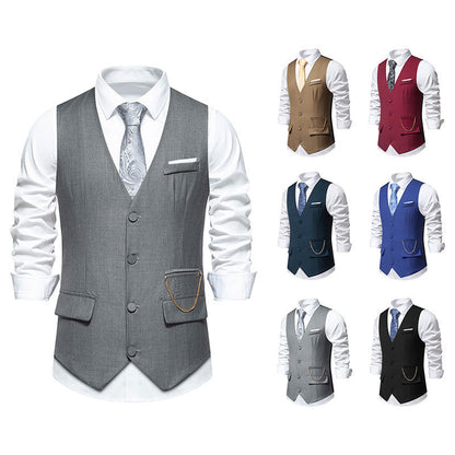 New Men's Solid Color Suit V-neck Single Breasted Chain Vest