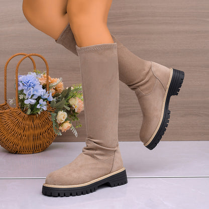 Large Size Round Toe Platform Below The Knee Boots