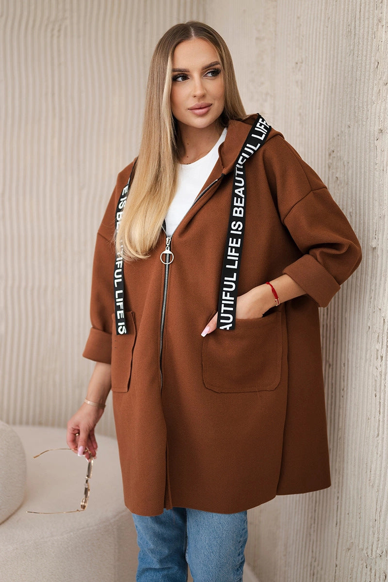 Hooded Sports Women's Large Size Long Sleeve Zipper Woolen Coat