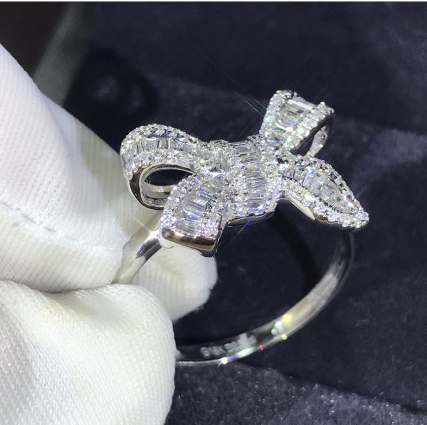 AliExpress new bow ladder diamond ring beautiful luxury simulation diamond ring temperament female wedding ring