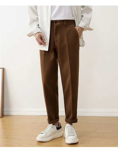 Autumn Winter Retro Woolen Ankle-length Pants Men's Casual Loose Straight