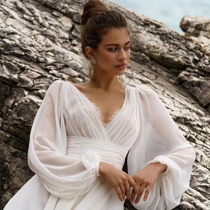 Beach Boho Wedding Dress Puff Sleeve V Neck Bridal Gown