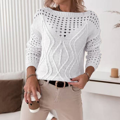 Off-neck Pullover Long Sleeve Hollow Out Sweater Women