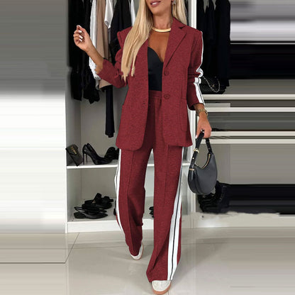Women's Casual Suit Lapel Single-breasted Jacket And Striped Straight Pants Fashion Sports Trousers Suit Outerwears Clothing