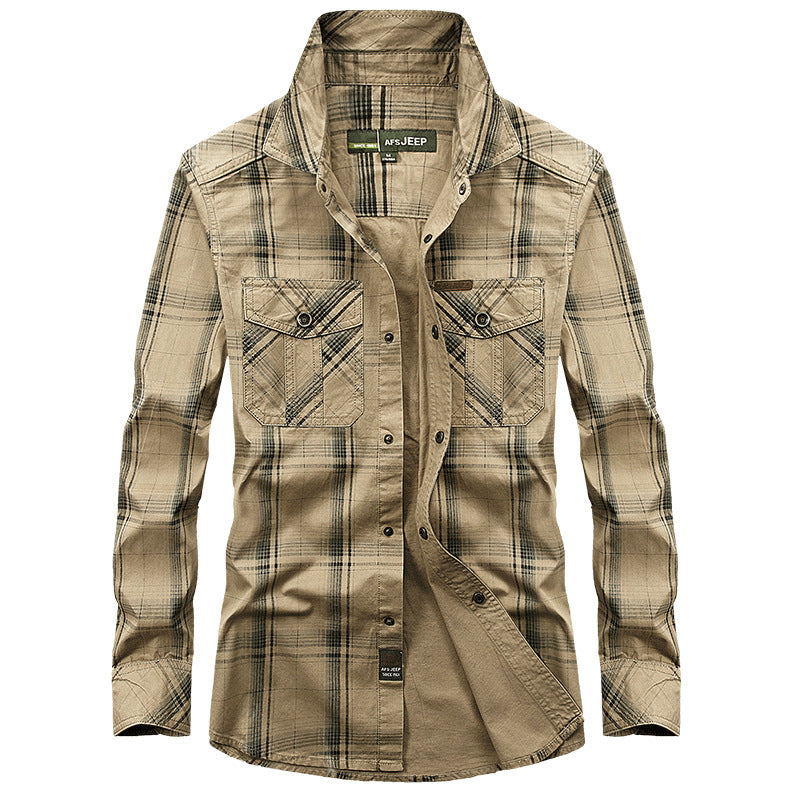 Long Sleeve Shirt Men's Plus Size Loose Cargo Cotton Shirt