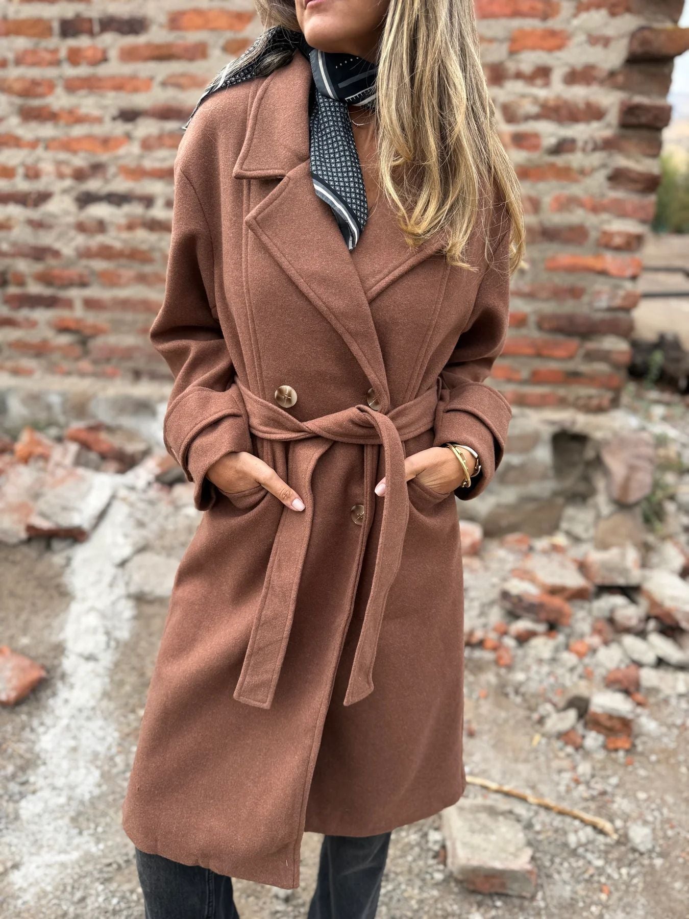 Autumn And Winter Lacing Cardigan Casual Long Sleeve Lapel Woolen Pocket Coat Women