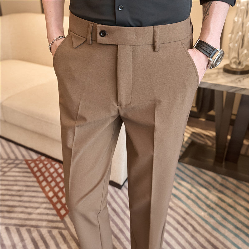 Men's Brown Suit Pants Waist Stretch Design Slim-fitting Small Straight Casual