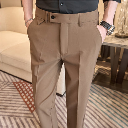 Men's Brown Suit Pants Waist Stretch Design Slim-fitting Small Straight Casual