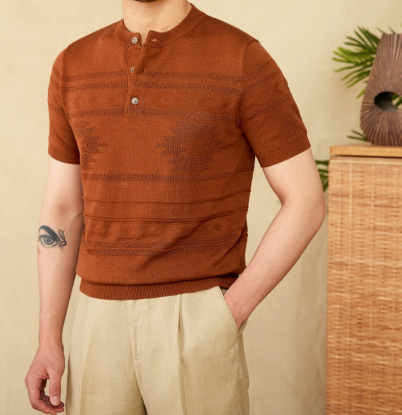 Knitted Henley Shirt American Retro Slim-fit Short Sleeve