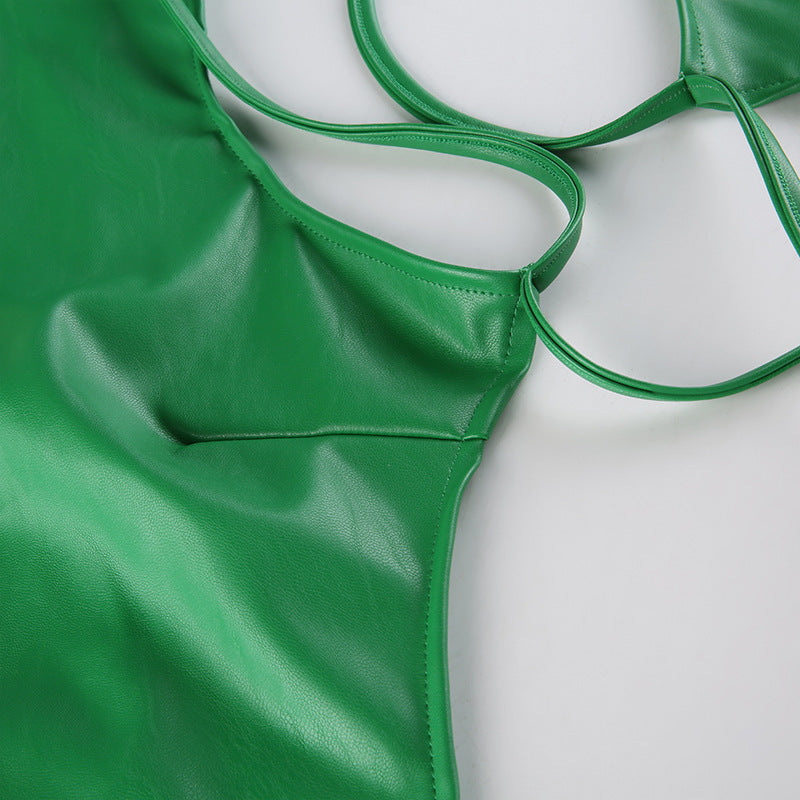 Halter Leather Lace-up Vest With Polo Neck