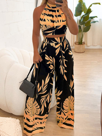Temperament Printed Halter Backless Straight-leg Pants Two-piece Set