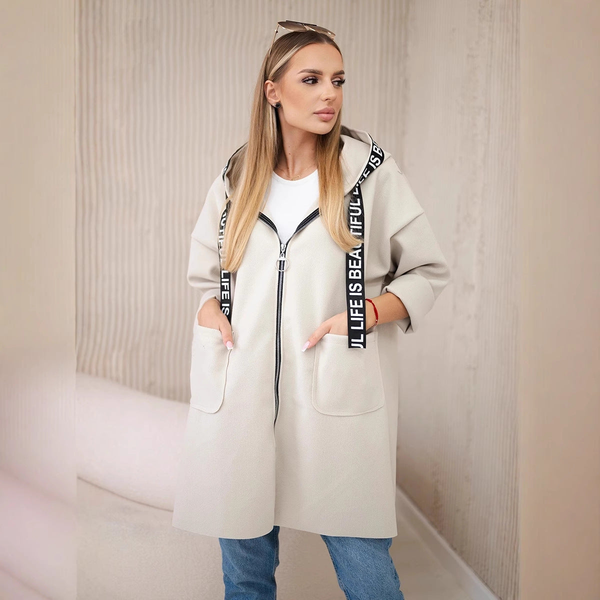 Hooded Sports Women's Large Size Long Sleeve Zipper Woolen Coat
