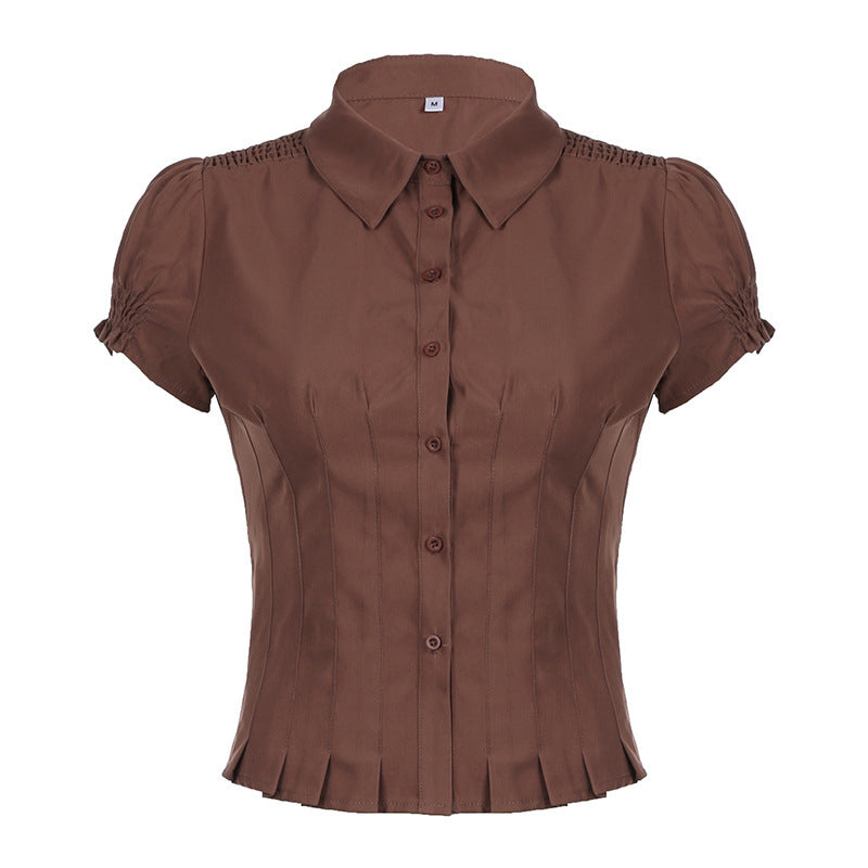 Sweet And Spicy Niche Style Lapel Puff Sleeve Shirt Design Sense Pleat And Waisted