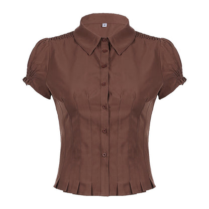 Sweet And Spicy Niche Style Lapel Puff Sleeve Shirt Design Sense Pleat And Waisted